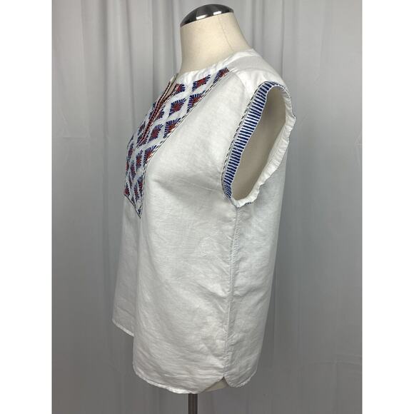 J Crew Womens White Blue Red V Neck Linen Short Sleeve Top 4 Petite - Picture 3 of 7